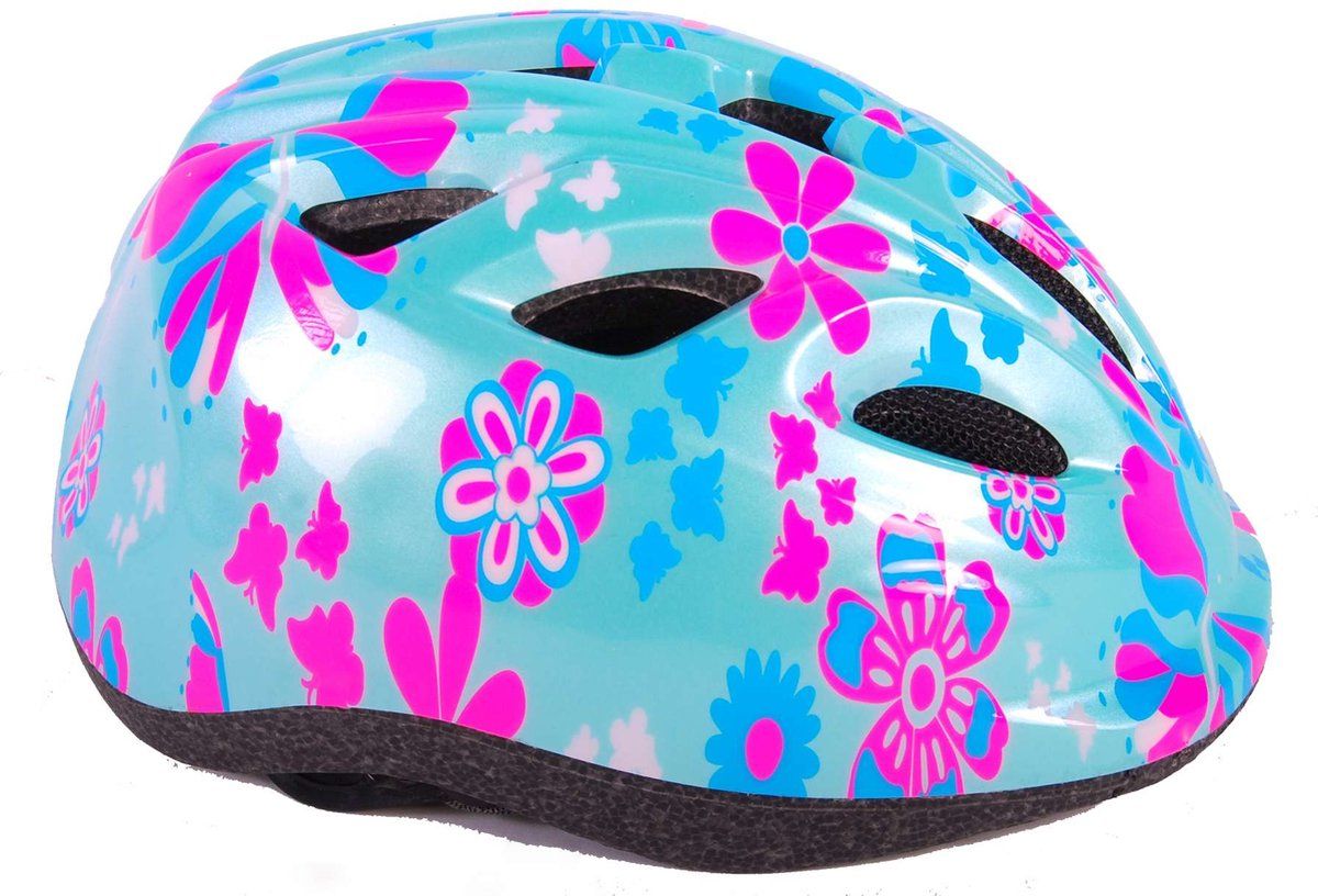 Volare Kinder Fietshelm - Xs - Verstelbaar 47-51 Cm - Blauw Roze Bloemetjes