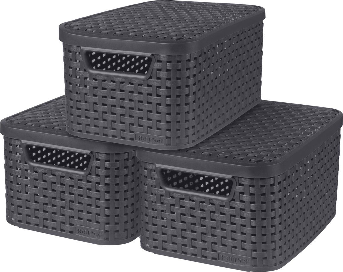 Curver Style Opbergmand - Opbergmand Met Deksel - 30 Liter - Antraciet (3 Stuks)