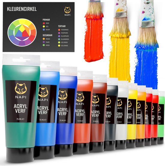 Napi Acrylverf 12x75 Ml - Grote Flessen - Inclusief Kleurencirkel - Voordeel Set - Hobbyverf -