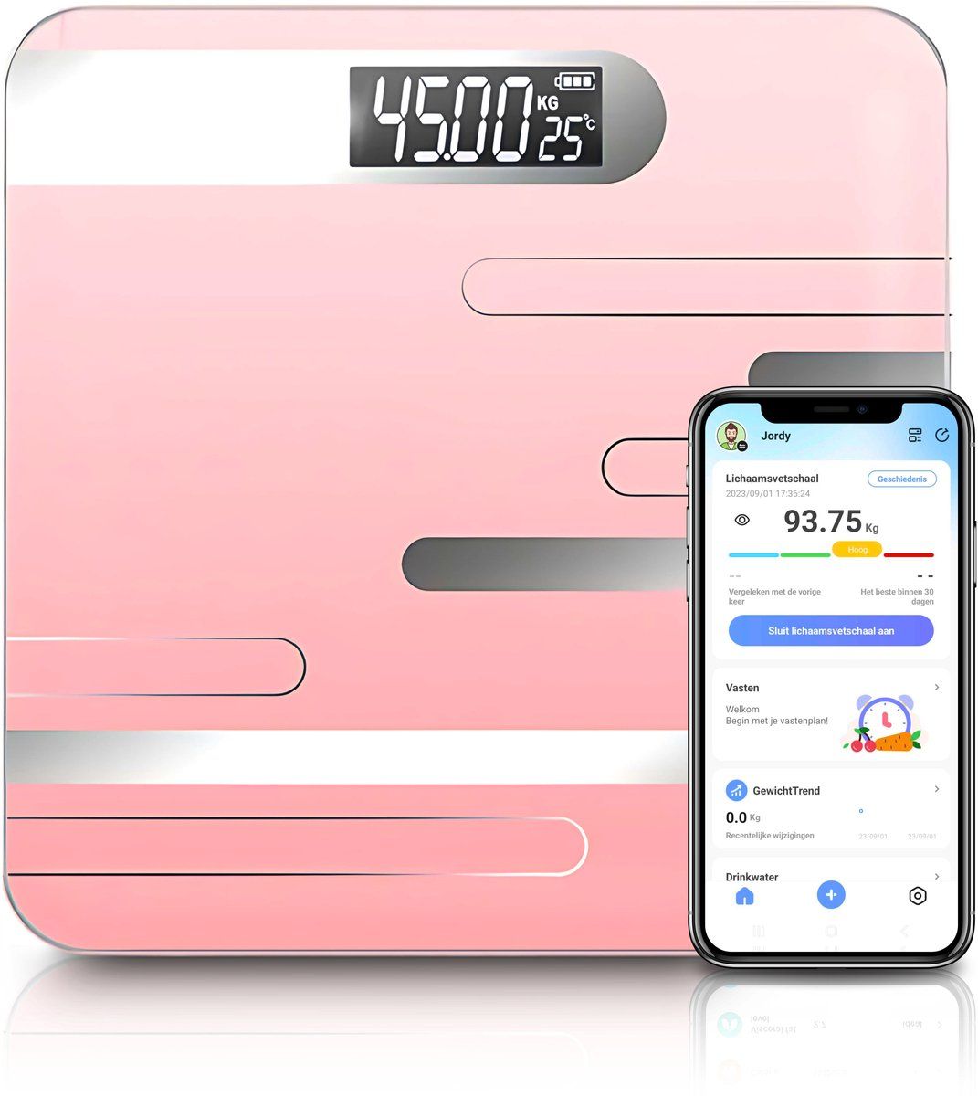 Jor Quality Digitale Personenweegschaal - Slimme Weegschaal 17x Lichaamsanalyse - Usb Oplaadbaar Bluetooth - Roze