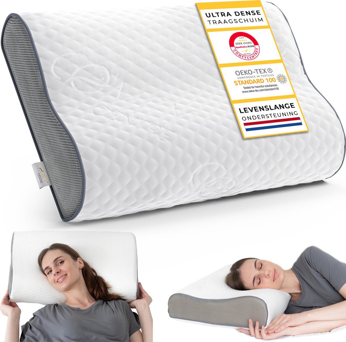 Comfycentre® Orthopedisch Hoofdkussen - Ultra-Dense™ Traagschuim - Ergonomisch - 60x40 Cm - Wit/Grijs