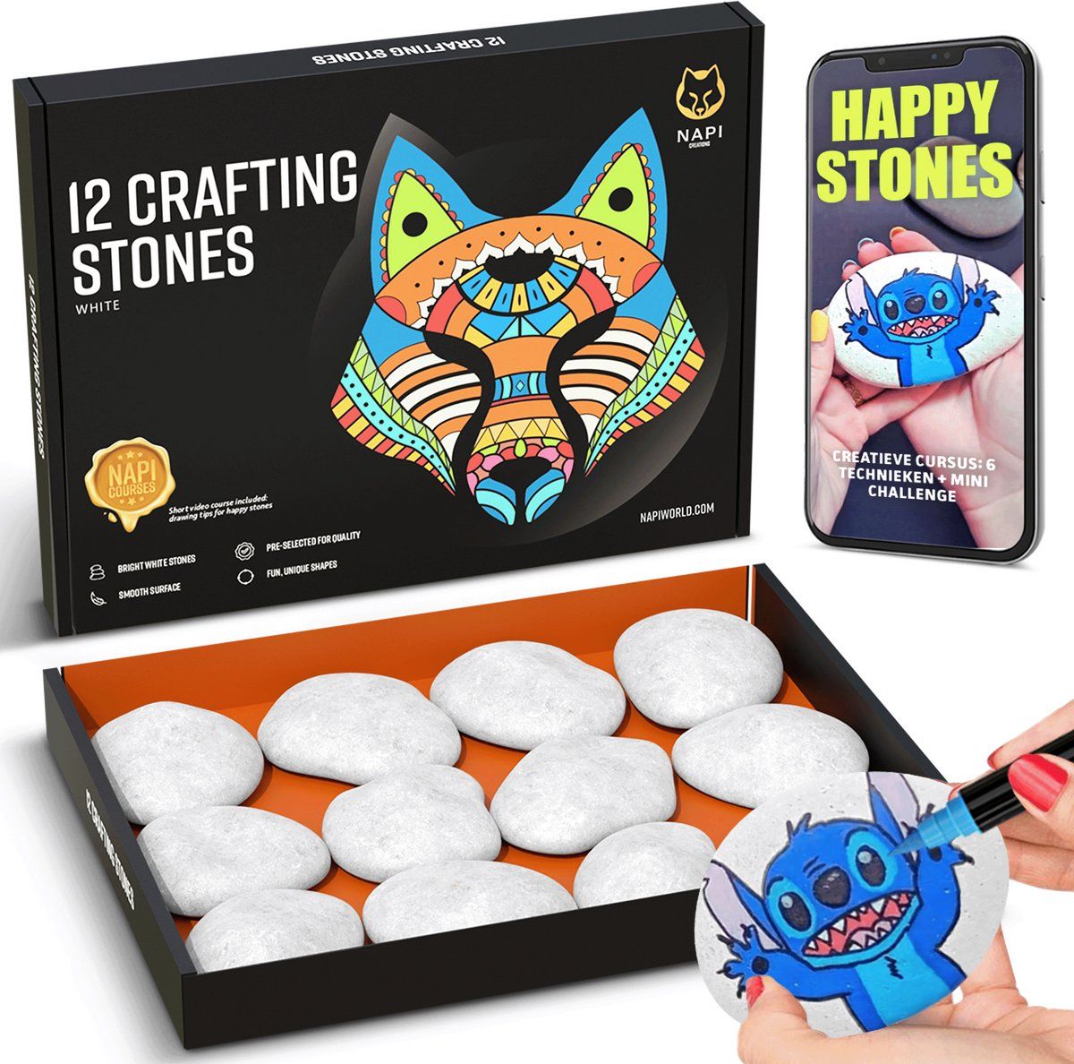 Napi Happy Stones - Stenen Schilderen - 12 Witte Keien 4-8cm