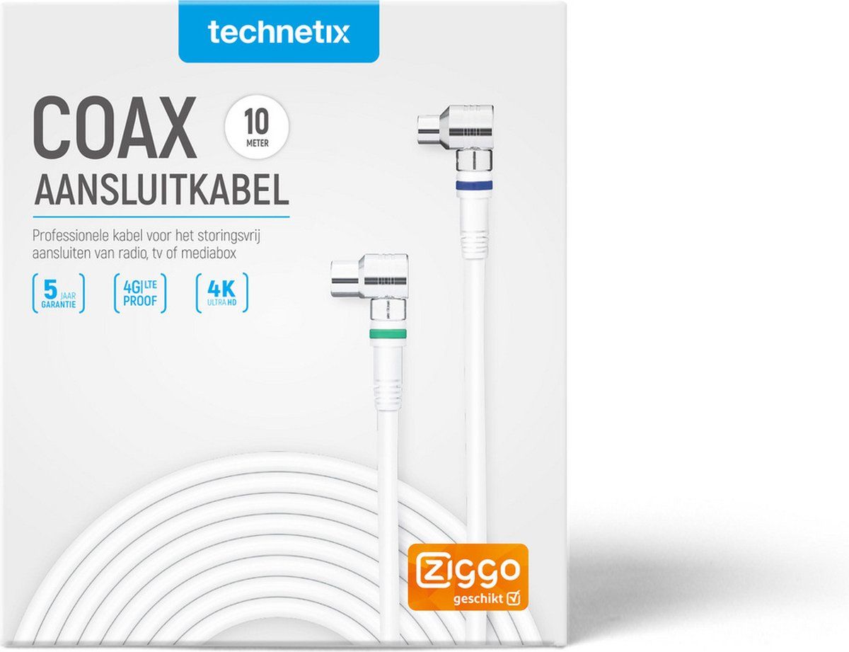 Technetix RLA++21 - Coaxkabel 4G/LTE proof 10 m - Haakse IEC - Wit