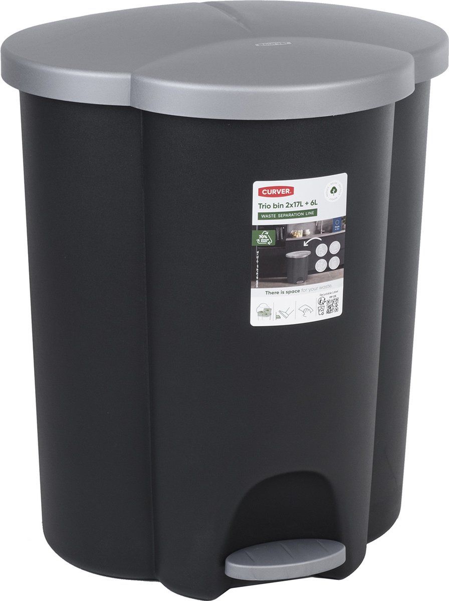 Curver Trio - Afvalbak 40L - Afvalscheidingssysteem 3 Compartimenten - Zwart Met Grijs