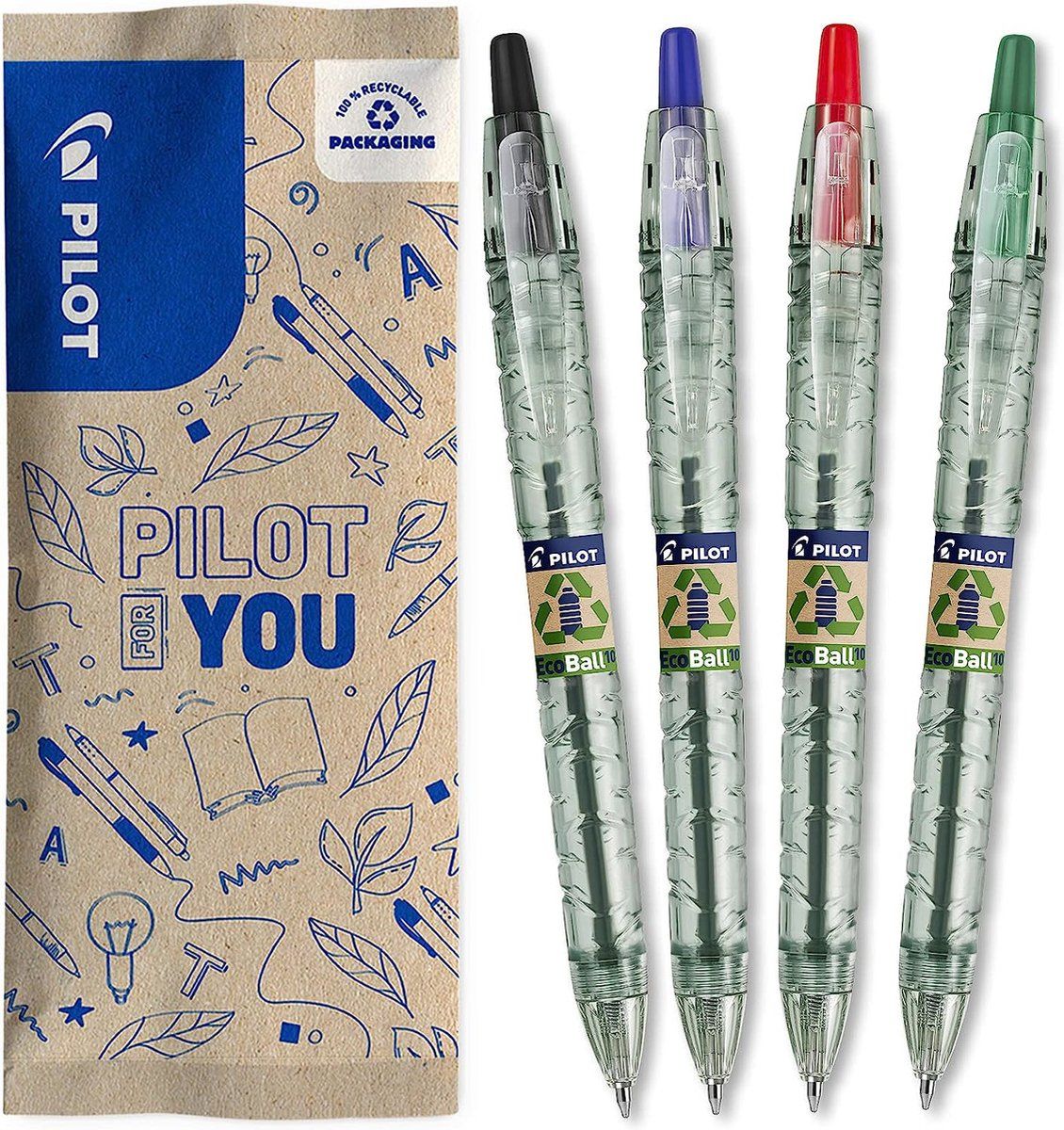Pilot - B2P Ecoball Balpen flow pack - Medium - Zwart/Blauw/Rood/Groen - 4 stuks