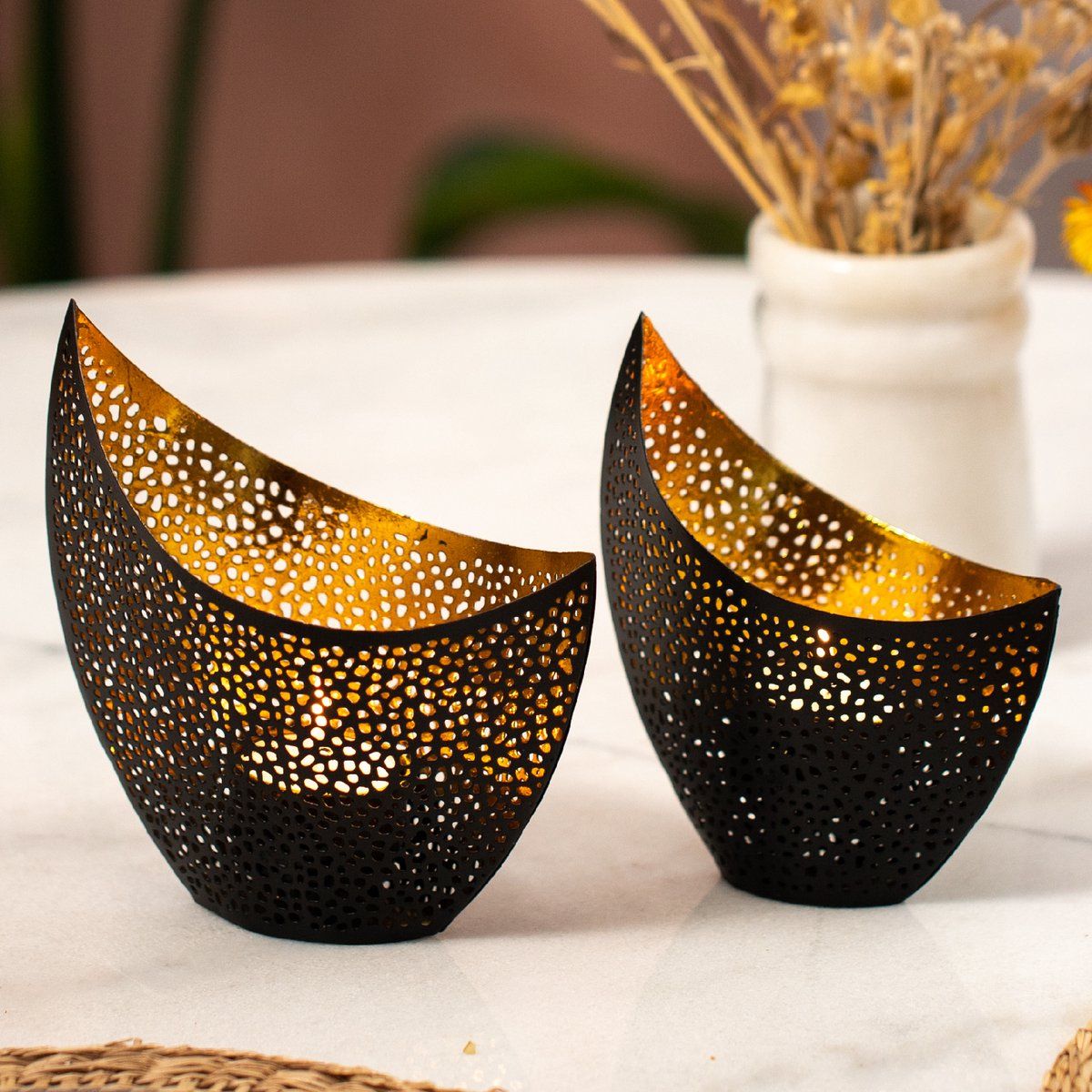 Gadgy Oosterse Theelichthouders - Set van 2 - Metaal Zwart / Goud - 16x14.5CM en 14.5x11.5CM (2 stuks)