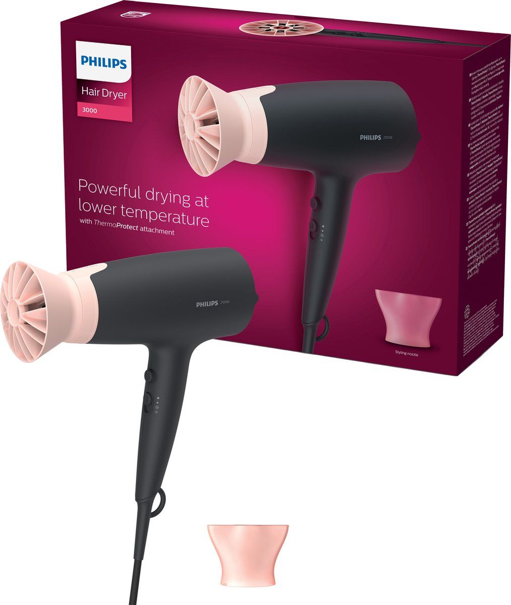 Philips Zwart/Roze Series 3000 - Föhn Bhd350/10 - 2100 W - Thermoprotect