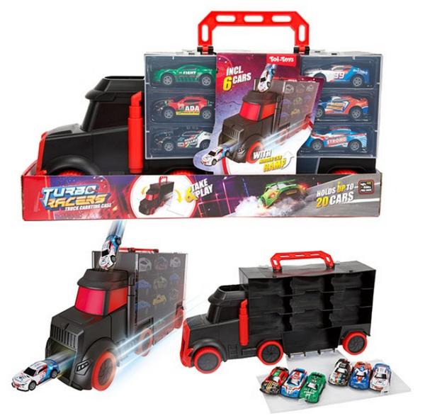 Toi Toy Turbo Racers Vrachtwagen Met Afschietfunctie Inlc. 6st Raceauto's -pullback Auto's - Opbergkoffer - Launch Function - Cars