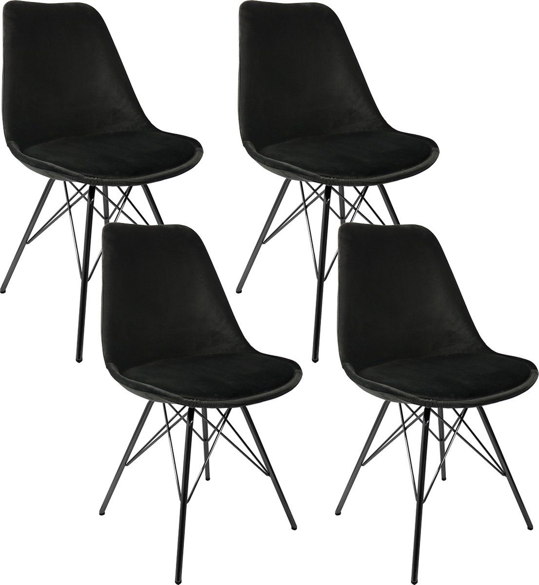 Kick Kuipstoel Velvet Zwart - Zwart Frame - Set Van 4