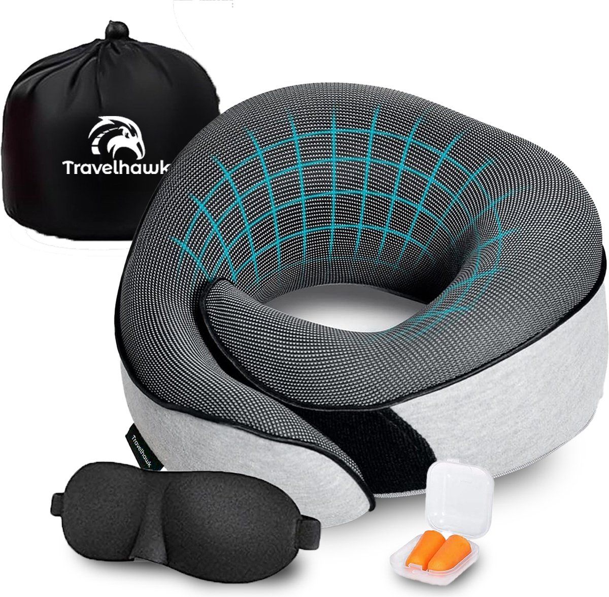 Travelhawk Nekkussen - Luxe Reiskussen - Memory Foam - Nekkussen Vliegtuig, Auto, Bus, Trein En Camping - Nek Kussens - Grijs