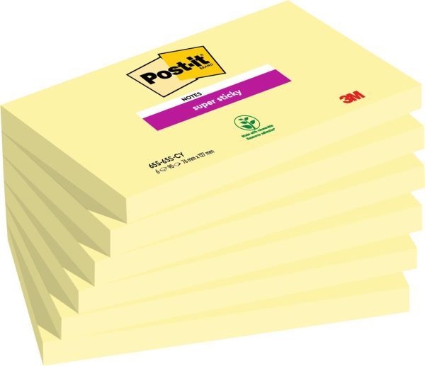 Memoblok 3M Post-it 655 Super Sticky 76x127mm Geel