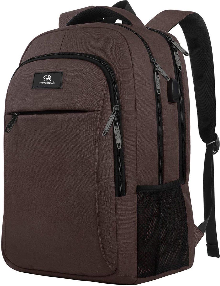 Travelhawk Rugzak - 28L- 15.6 Inch - Bruin - Laptop Rugzak - Heren&Dames - Waterafstotend - Met Usb Oplaadpoort