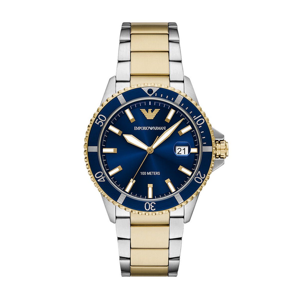 Emporio Armani AR11682 - Polshorloge - 42mm - Blauwe Wijzerplaat - Tweekleurige Roestvrijstalen Armband