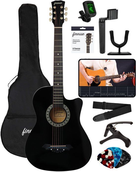 Finesse Akoestische Gitaar - Starterset - Videocursus - 4/4 - Zwart