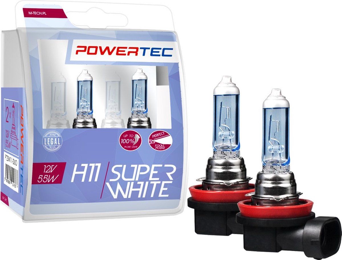 Powertec H11 - Autolampen - 100% Meer Lichtopbrengst - Super White (2 Stuks)