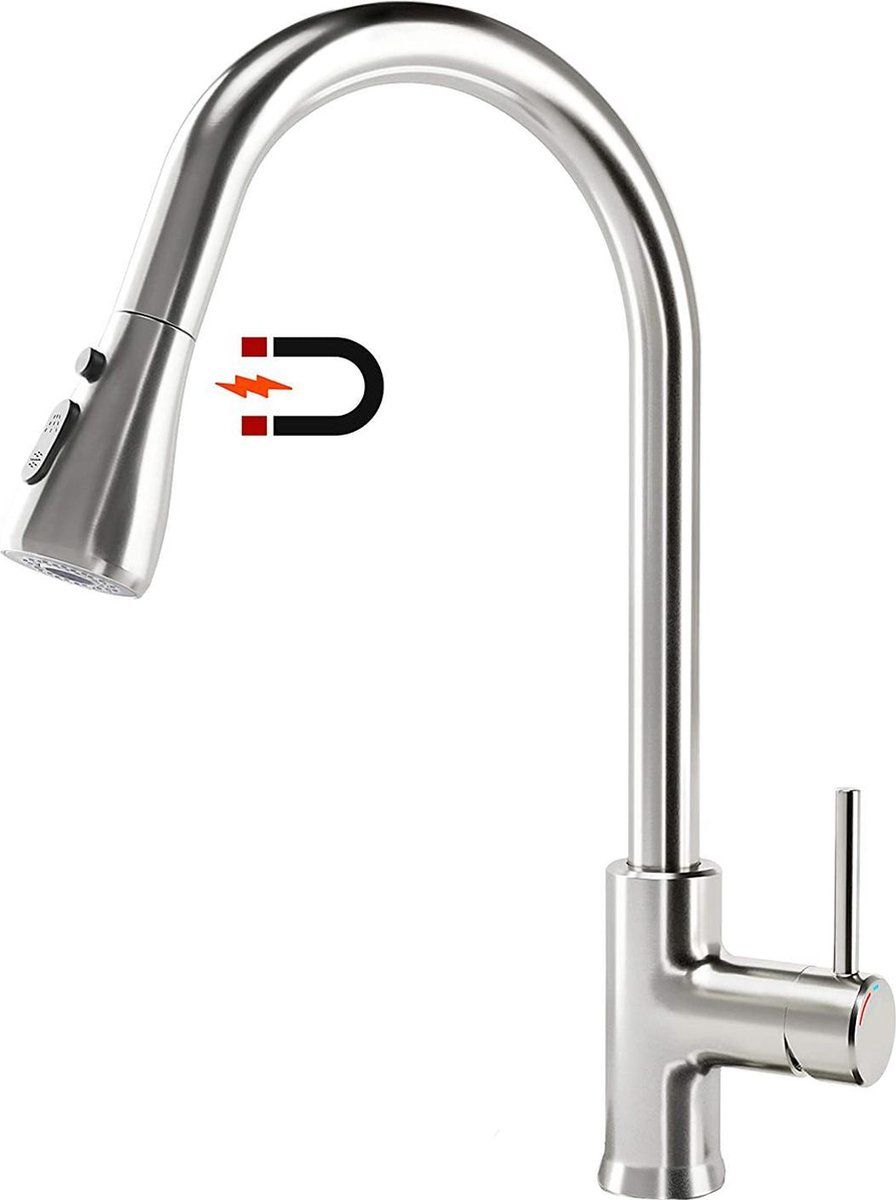 Inspire Keukenkraan - Aanrechtkraan Met Neerklapbare Sproeier - Hoge Boog Uittrekbare Spoelbak Geborsteld Nikkel (zilver)