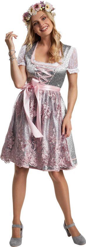 Dressforfun Mini-Dirndl Sonthofen - Verkleedkleding - Vetersluiting En Tule Schort - Zilver Met Roze