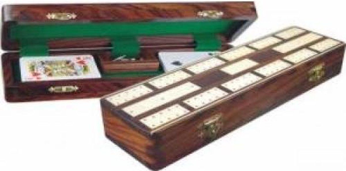 Hot Games Cribbage Set - Houten Ingelegd Acacia Hout - Metalen Pionnen - 31, 5 X 10 X 5 Cm