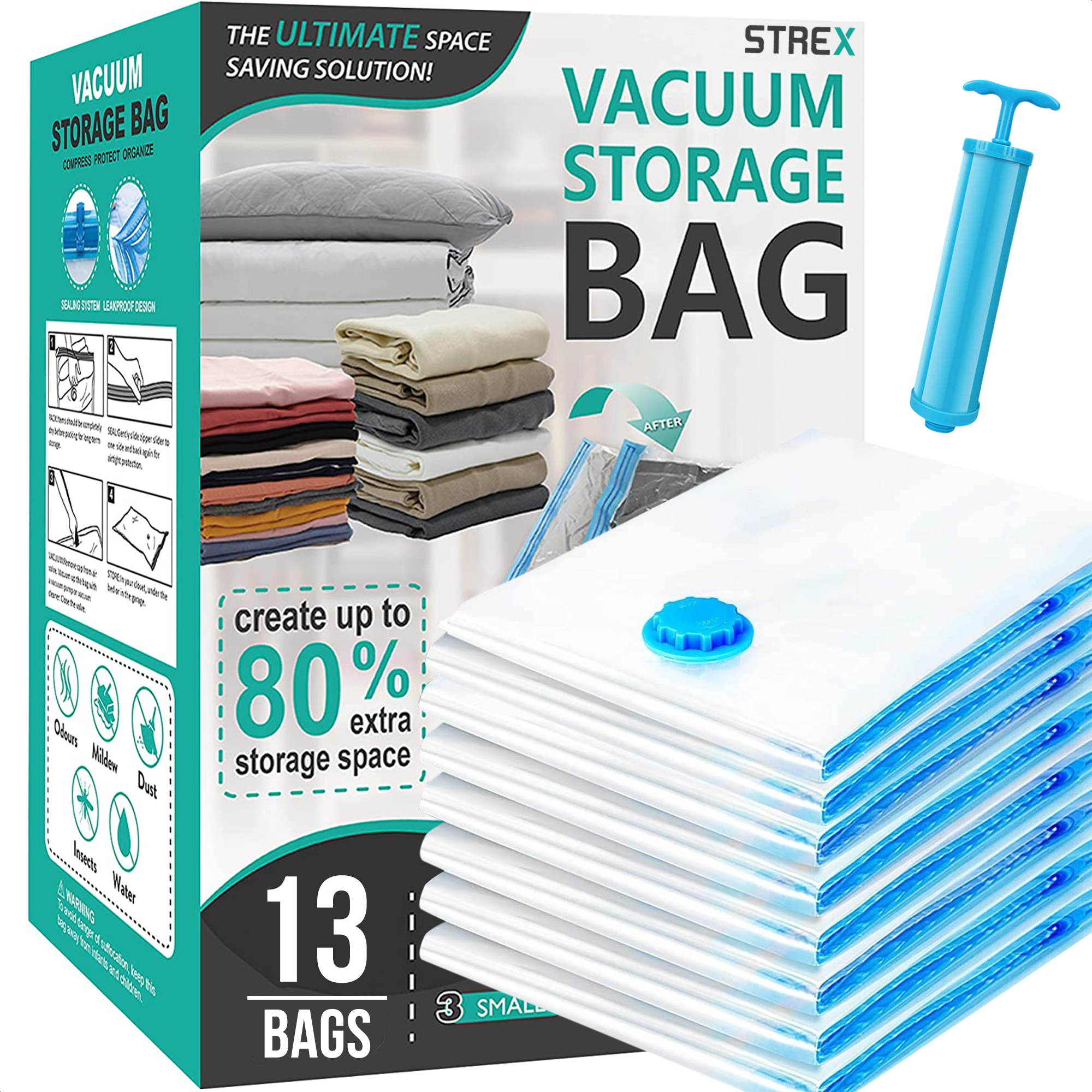 Strex Vacuumzakken - Dekbedden & Kleding - 14 Stuks / 4 Maten - Scheurbestendig - Incl. Handpomp