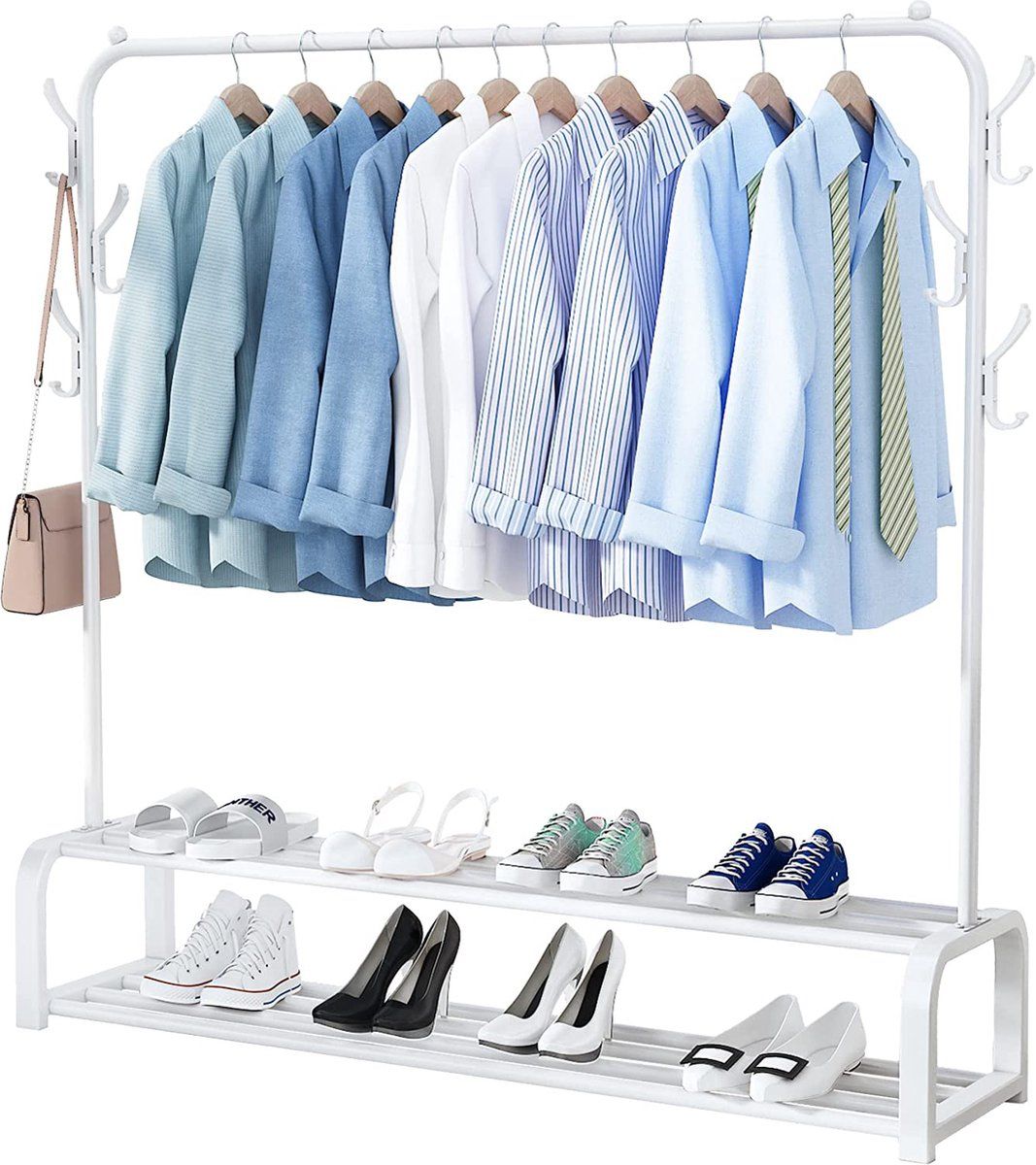 Avalo Industrieel Kledingrek - Metaal - 110x33x150 Cm - Wit - Opbergruimte Voor Schoenen - Garderoberek Met Haken