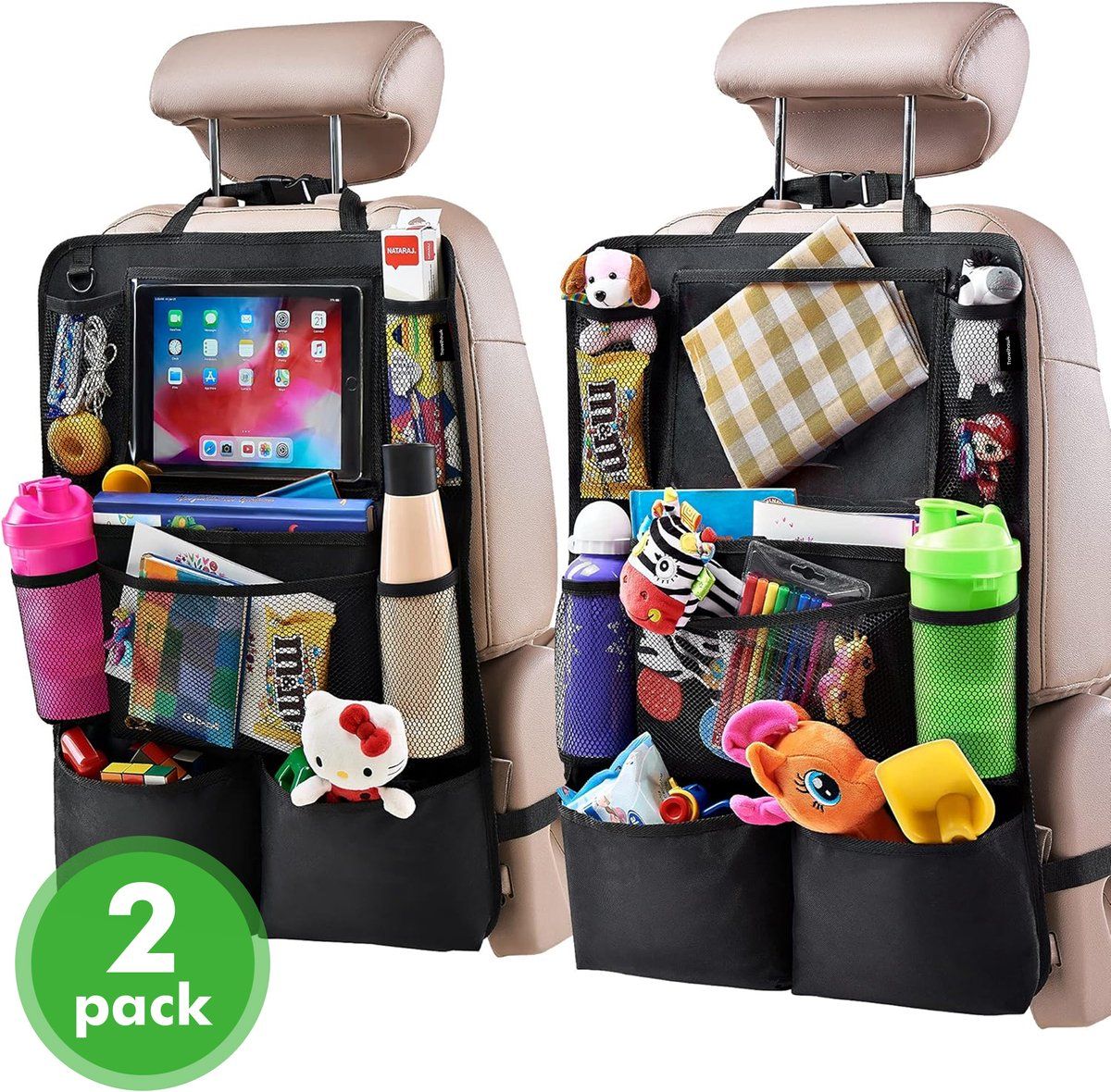 Travelhawk Auto Organizer - Autostoel Organizer Met 10 Vakken En IPadhouder - Zwart (2 Stuks)