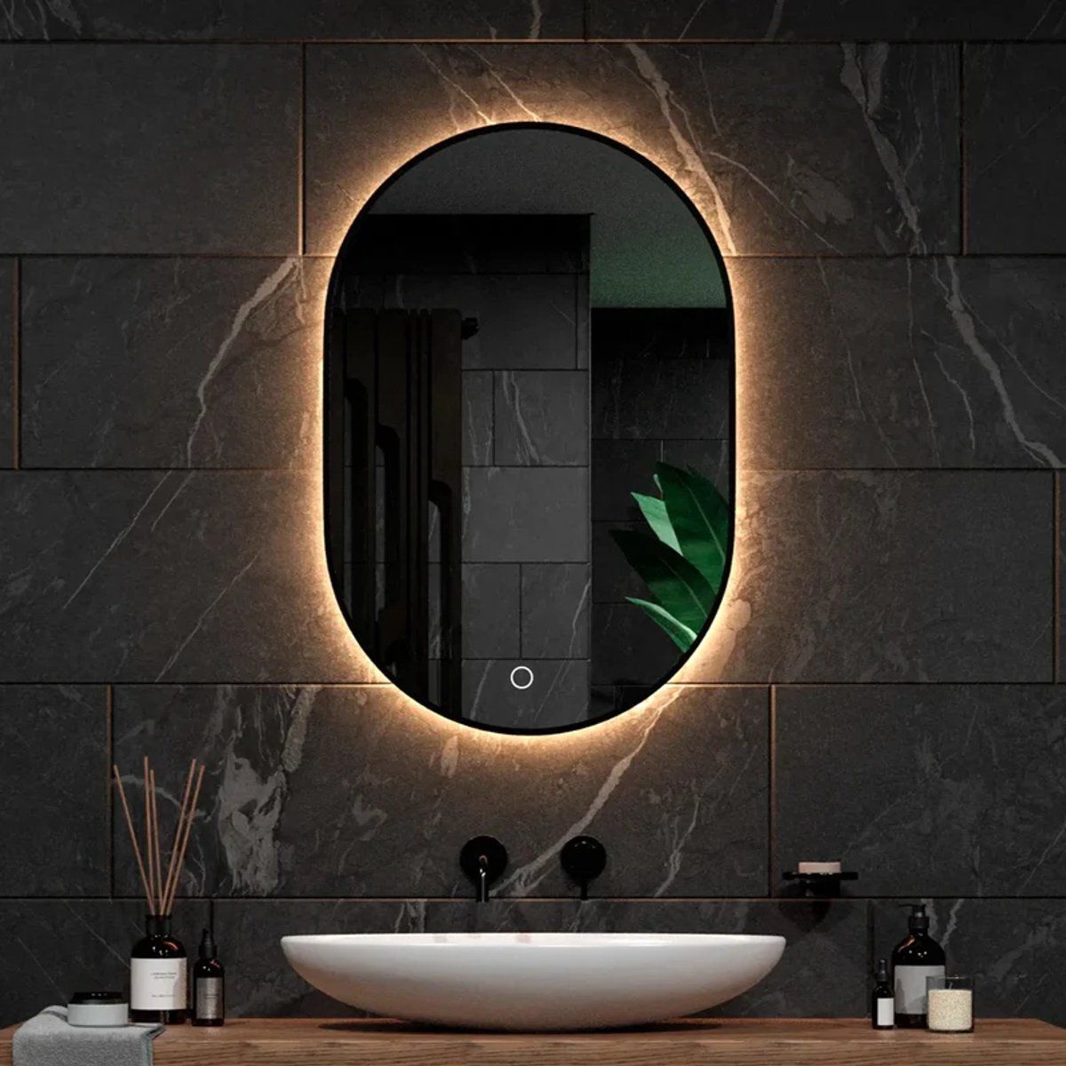 Mirlux Badkamerspiegel - Led Verlichting&Verwarming - Anti Condens Ovaal 90x60CM - Zwart