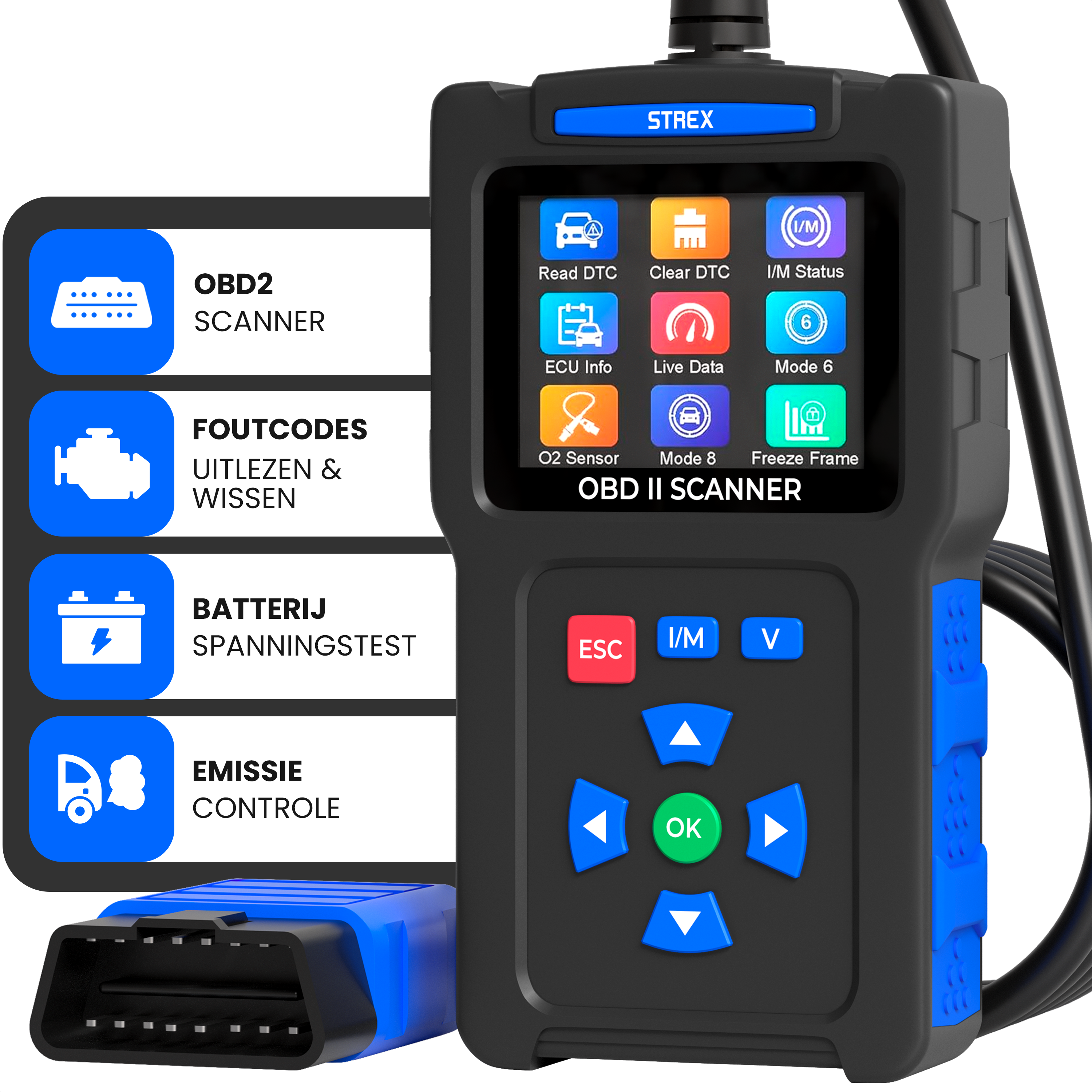 Strex OBD2 Scanner - OBD - Auto Uitlezen - Motorstoringen Opsporen - Zwart/blauw