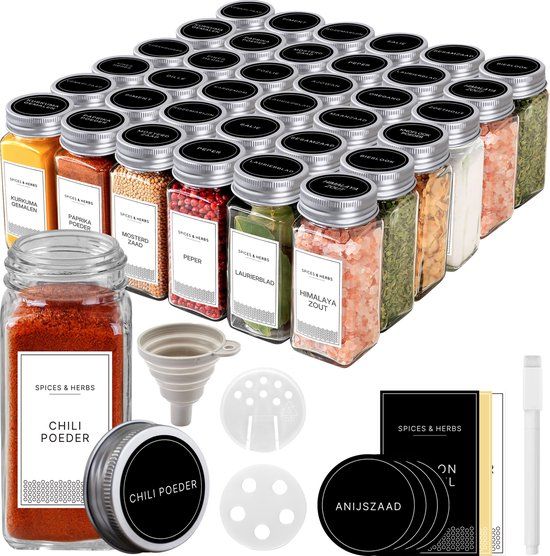S.old 36 Glazen Kruidenpotjes - Vierkant - Compleet Met 4 Stickers En Trechter - 120 Ml