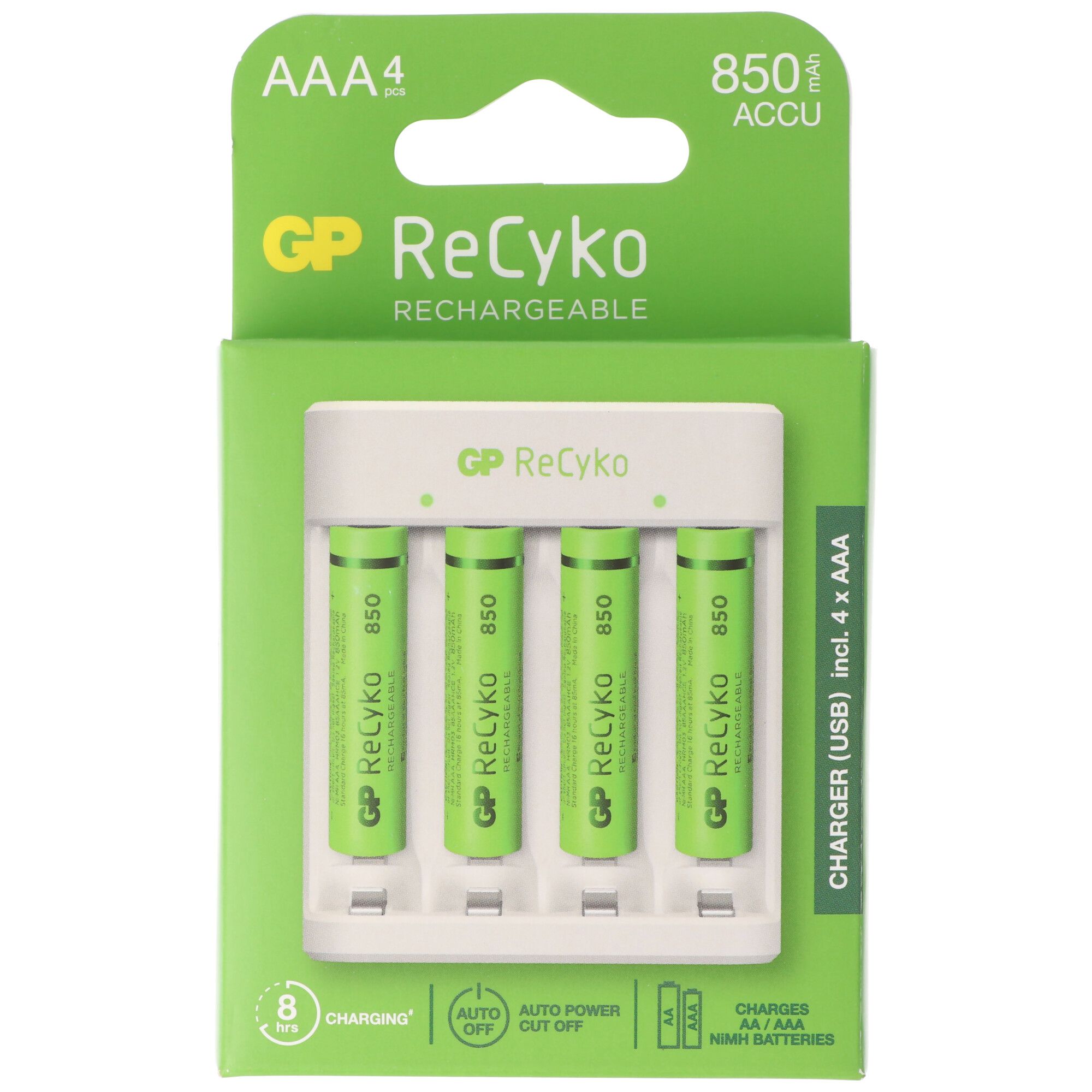 USB-model oplader GP E411 incl.4x ReCyko 1.2V AAA Micro 850 mAh batterijen