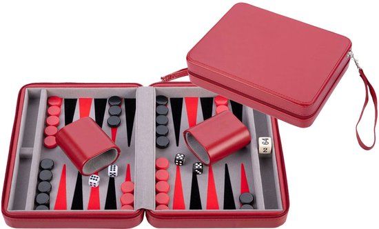 Engelhart Backgammon 9 inch - Compact Reisspel - Grijs Zwart Rood - Rode Zipper