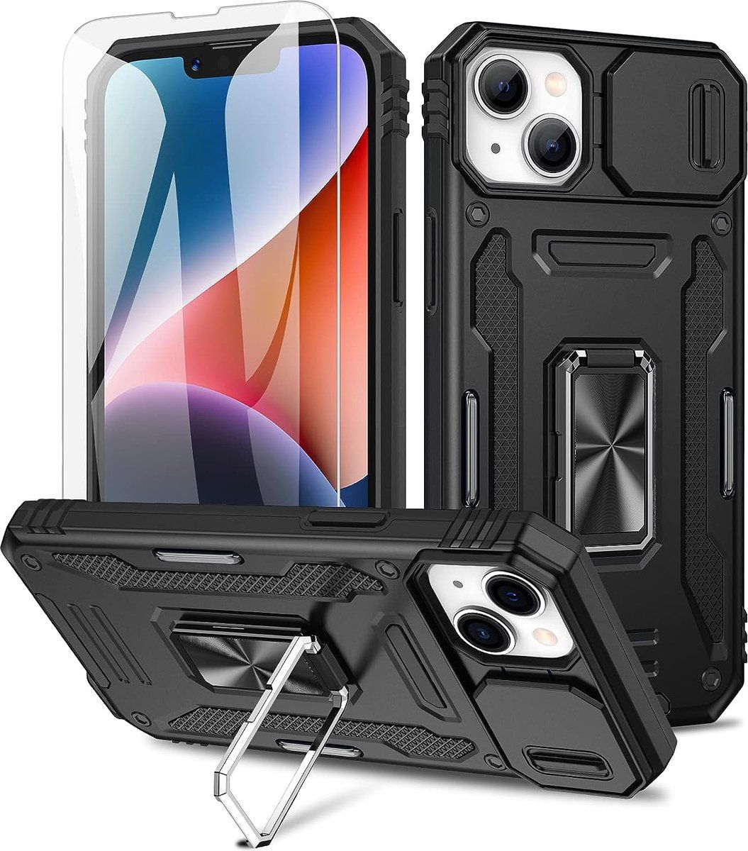 Podec IPhone 14 - Anti-Shock Case Cover - Kickstand Ring Met Screenprotector - Zwart