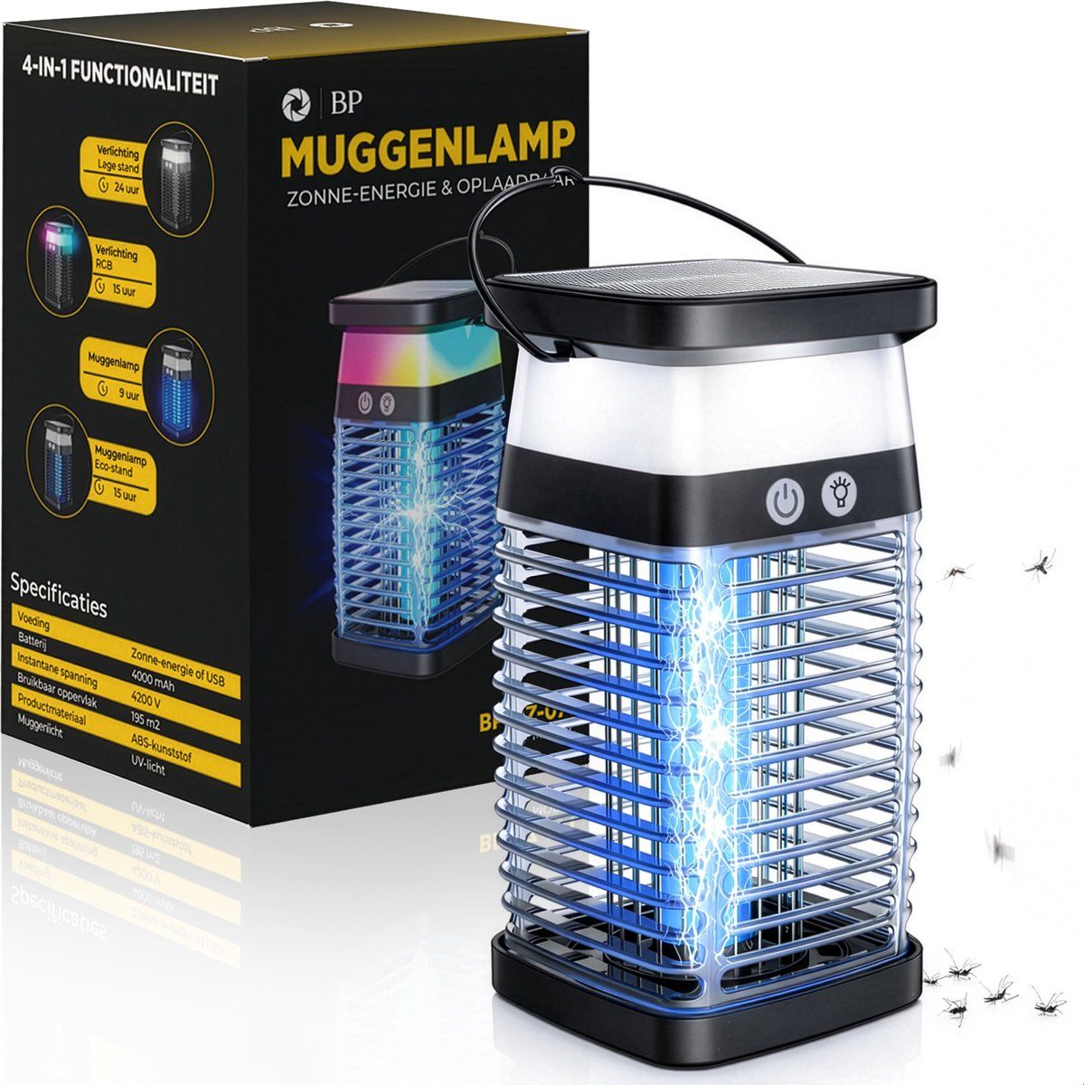 Bp® Muggenlamp - Elektrische Insectenlamp - 4200V Uv-aantrekking - Zonne-energie&Oplaadbaar - Waterdicht - Nachtlampfunctie