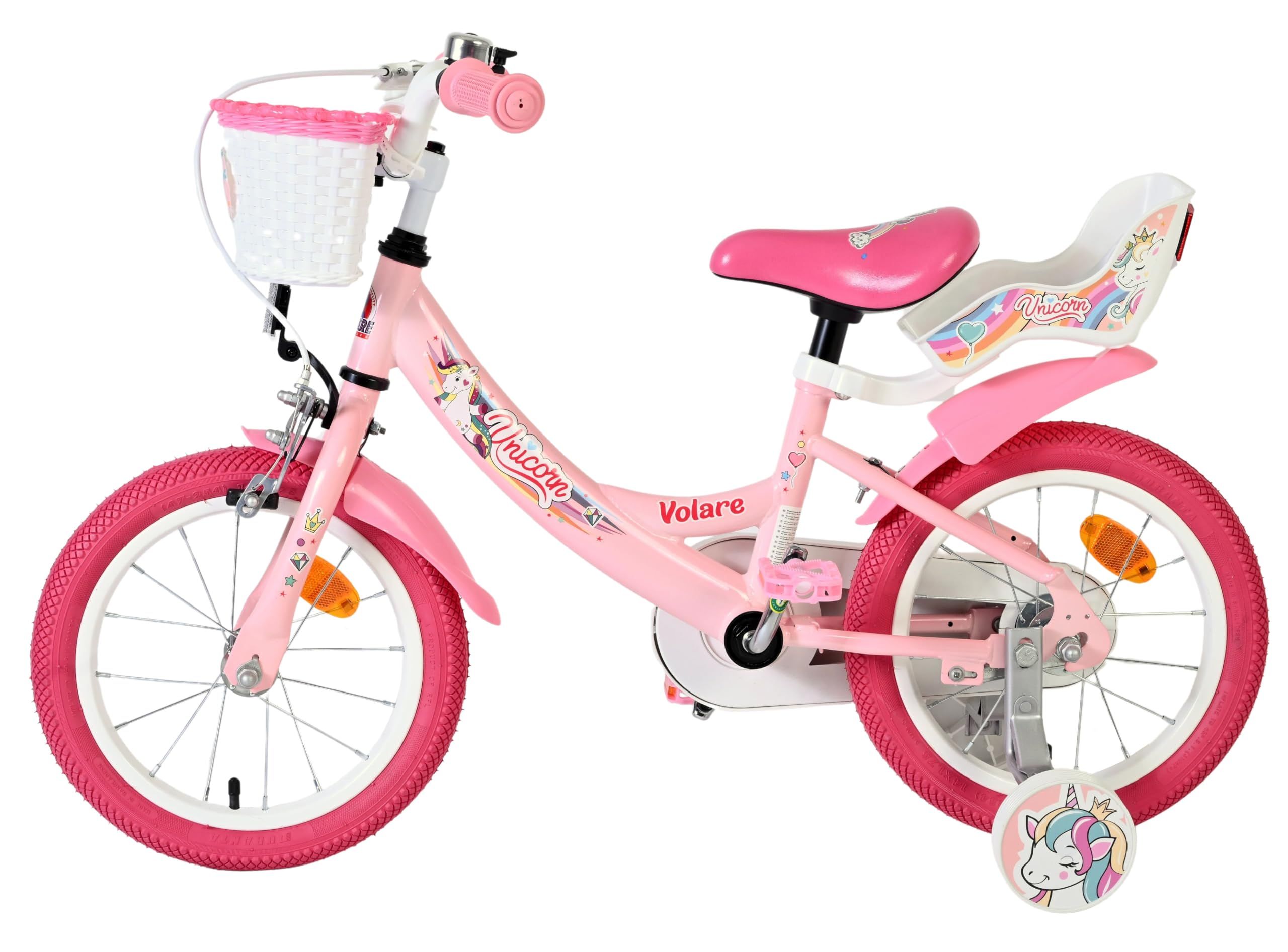Volare Eenhoorn Roze Kinderfiets | 35, 5 Cm | 3, 5-5 Jaar | Hand- & Terugtraprem | Zijwieltjes | Verstelbaar Zadel | Poppenzitje & Mandje | Cadeau Voor