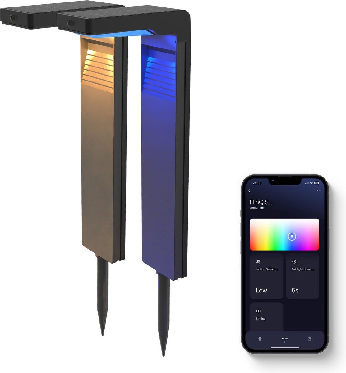 FlinQ Gaia - Smart Solar Tuinlamp - Rgb En Wit Licht - Bewegingssensor - Zwart (2 Stuks)