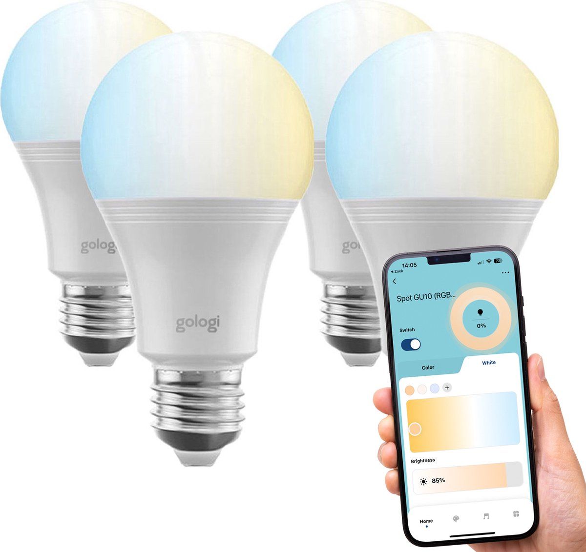 Gologi E27 Slimme Led Bulb - Smart WiFi - Dimbaar - Warm En Koud Wit Licht (4 Stuks)