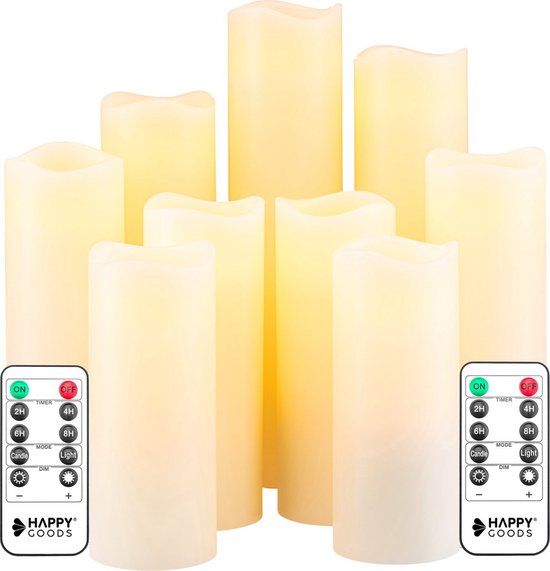 Merkloos Happy Goods® - 9 Delige Led Kaarsen Set - Echte Wax - 2 Afstandsbedieningen – Bewegende Vlam