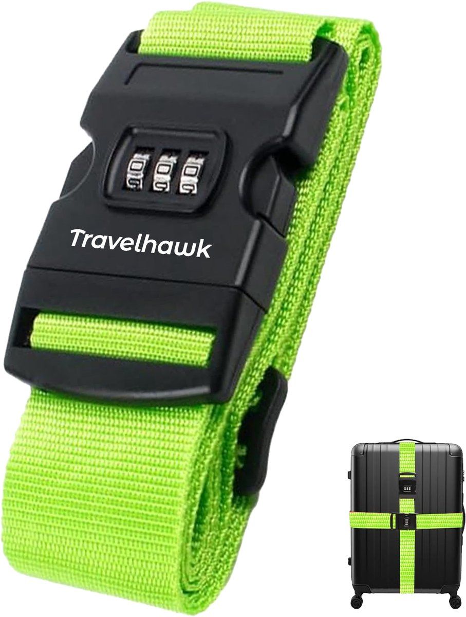 Travelhawk Kofferriem Met Cijferslot - 1 Stuks - Bagageriem - Kofferriemen - Verstelbaar - 180 Centimeter - Extra Beveiliging - Reizen - Groen