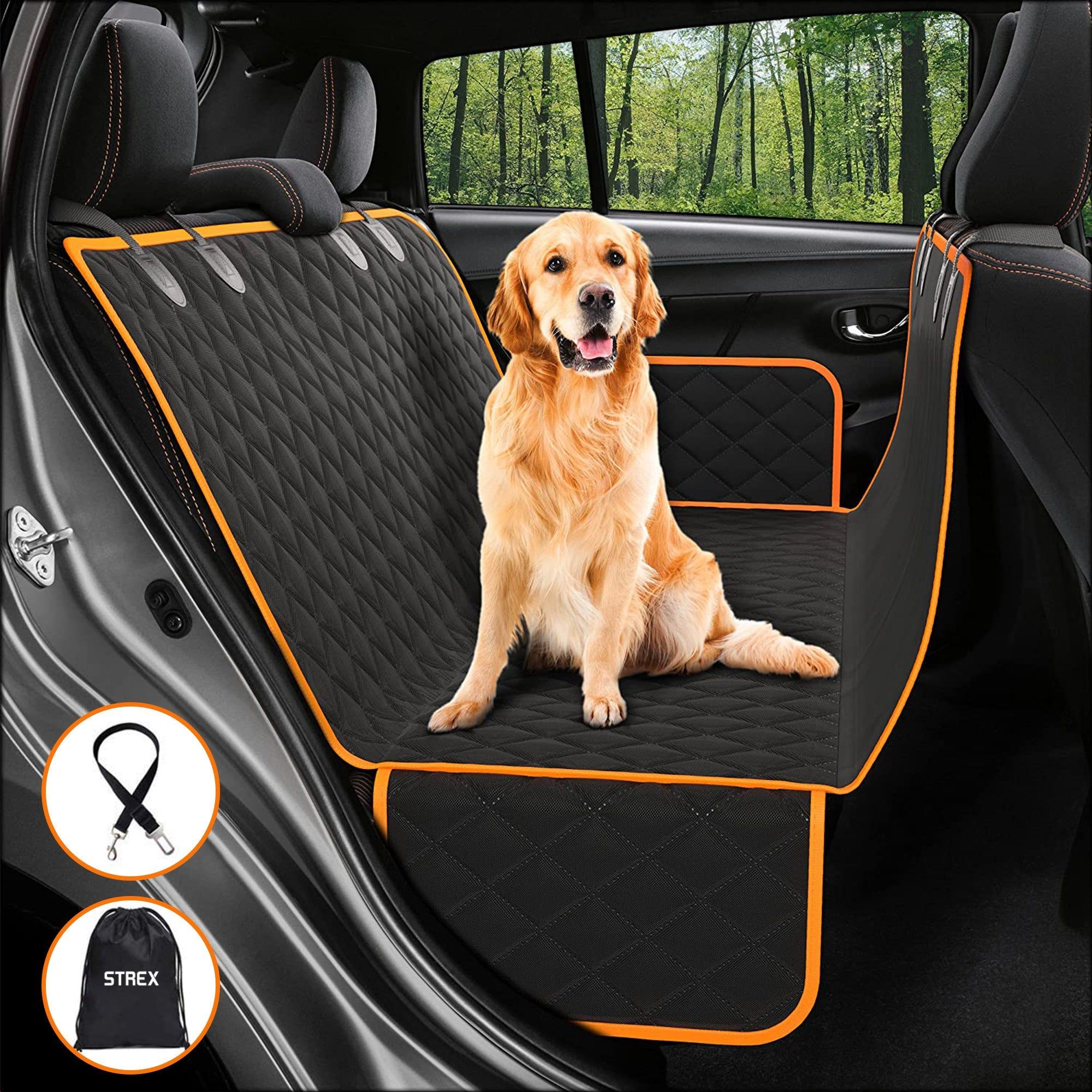 Strex Hondendeken Auto - Beschermhoes Achterbank Kofferbak - Waterdicht - 137 x 147 CM - Zwart met Oranje
