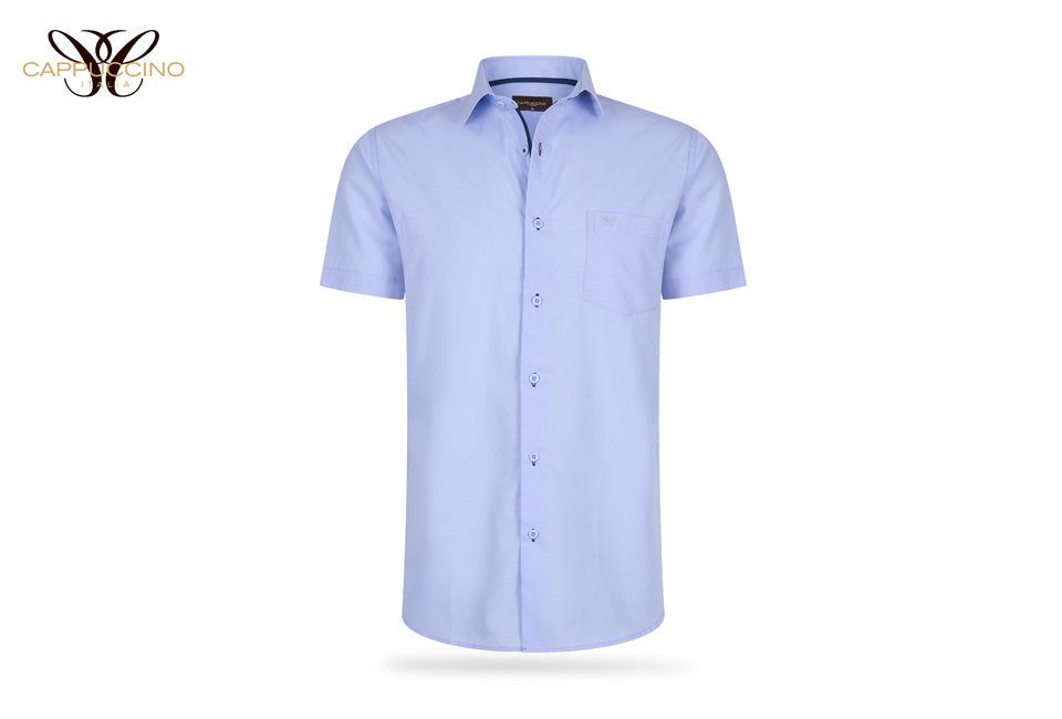 Merkloos Cappuccino Italia - Heren Overhemden Korte Mouwen Uni - Blauw - Maat L