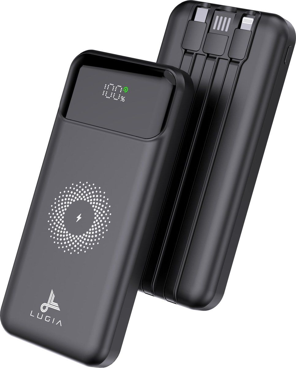 Lugia UP Powerbank - 20.000 mAh - Draadloos Opladen - Ingebouwde Kabels - Snellaadfunctie 22,5W - LED Display - Geschikt voor Apple iPhone Samsung - USB A USB C Lightning