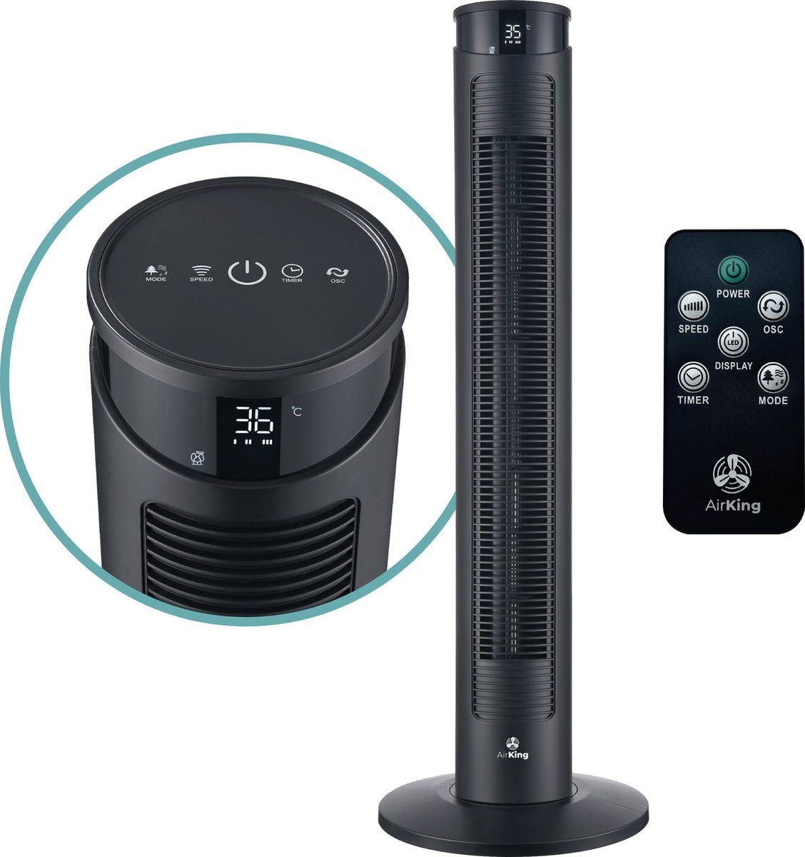 AirKing Torenventilator 94cm - Kolomventilator met Afstandsbediening en Timer - 3 Snelheidsstanden - Zwart