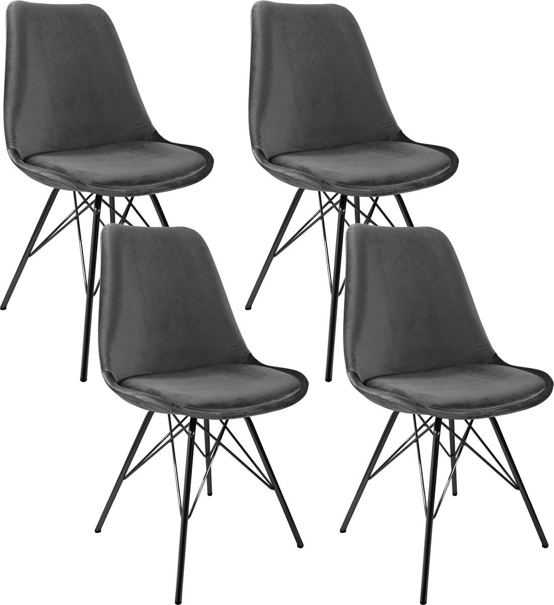Kick Kuipstoel Velvet Donkergrijs - Zwart Frame - Set Van 4