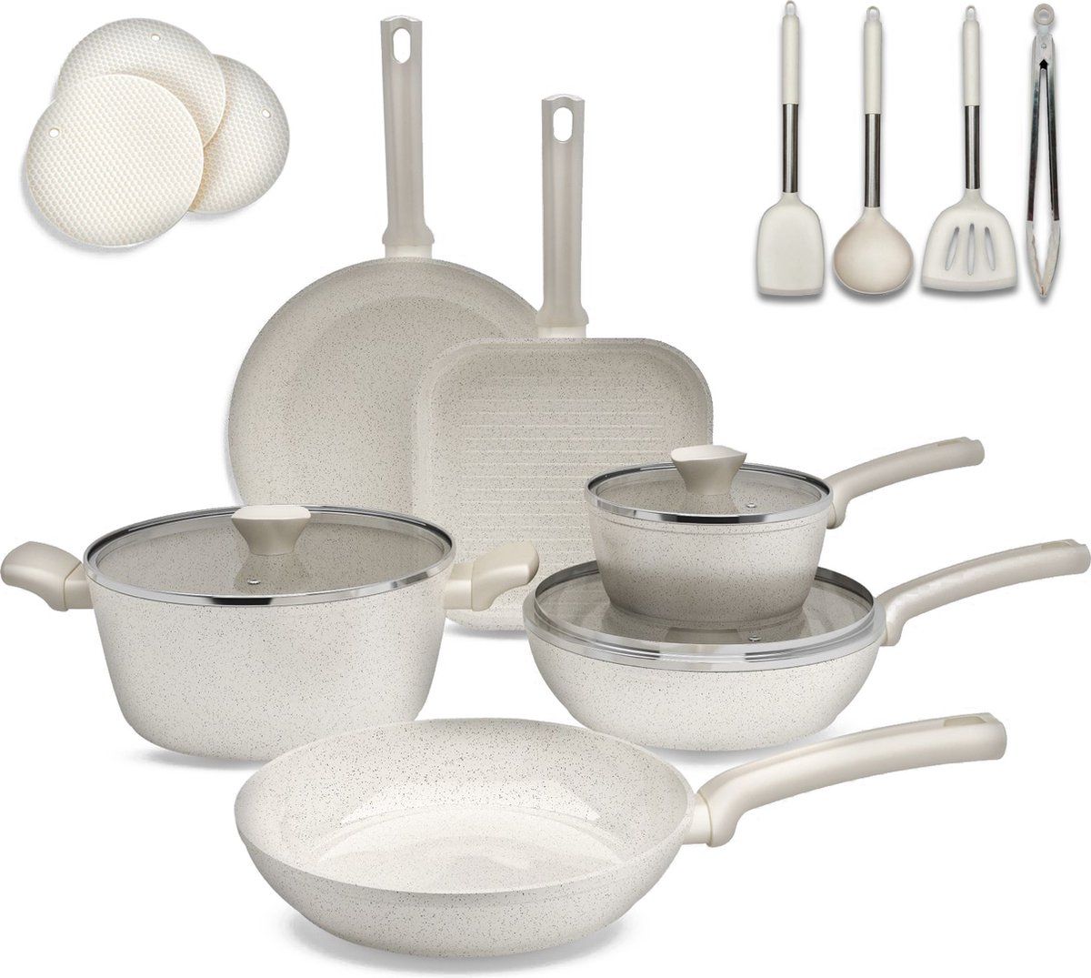 Lugia Pannen - 16 Delige Pannenset - 3 Laagse Keramische Coating - Pfas&Pfoa Vrij - Beige