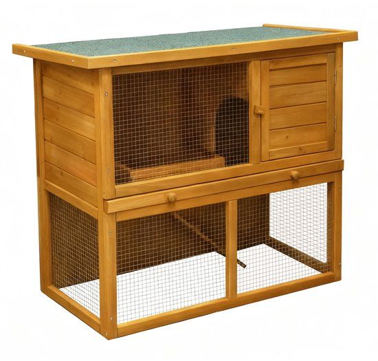 Merkloos Konijnenhok Met Ren - 2 Verdiepingen - Houten Frame Met Waterdicht Dak - Bruin