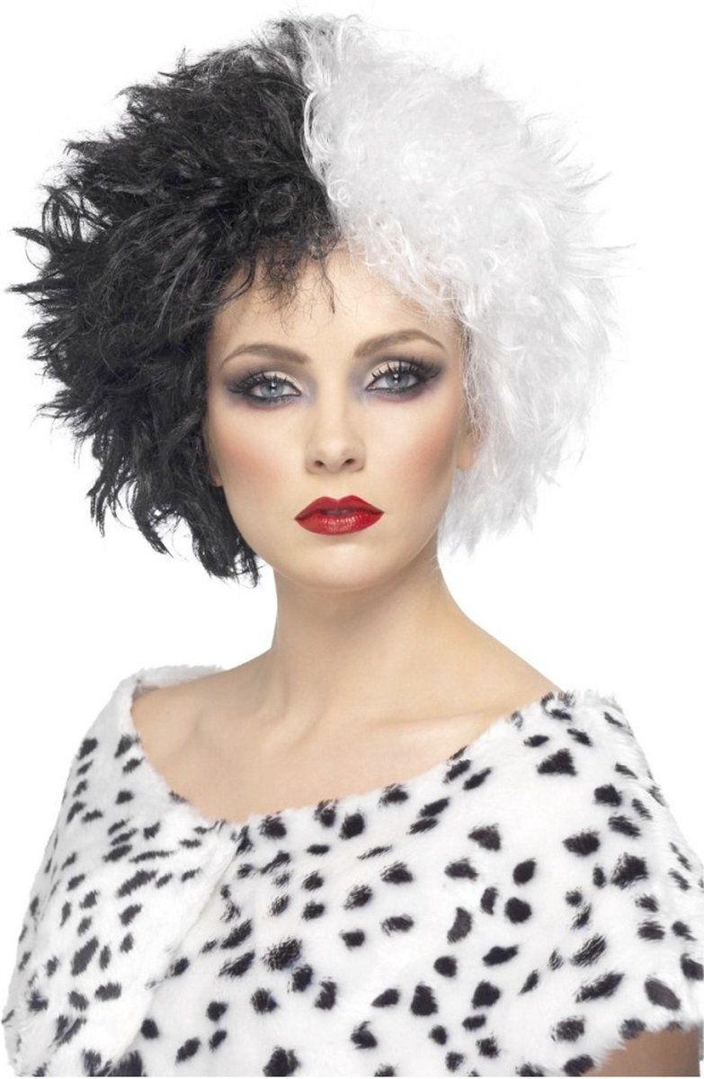 Cruella damespruik - Verkleedpruik - Tweekleurig - Wit zwart