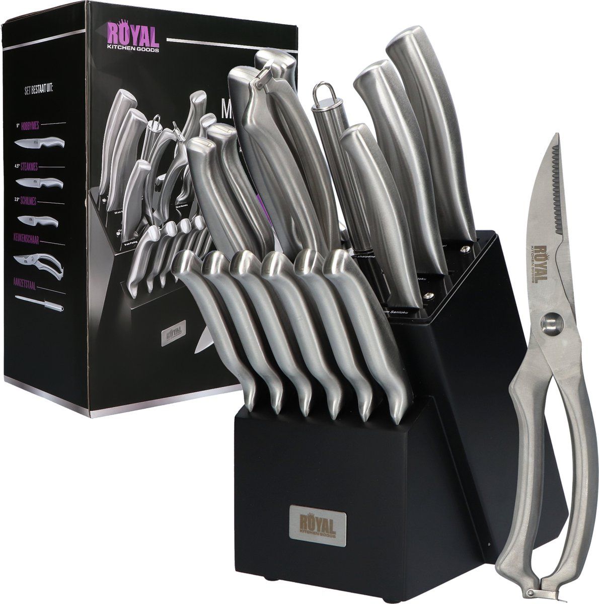Royal Kitchen Goods® 16-delige Messenset - Rvs Messenblok Met Vleesschaar - Ergonomisch - Zwart (16 Stuks)
