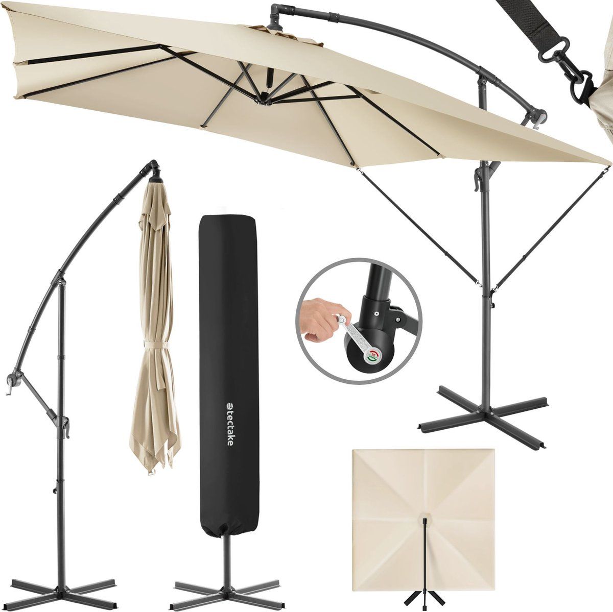 Tectake® Apollon - Zweefparasol - Waterafstotend - Ø 250 Cm - Beige
