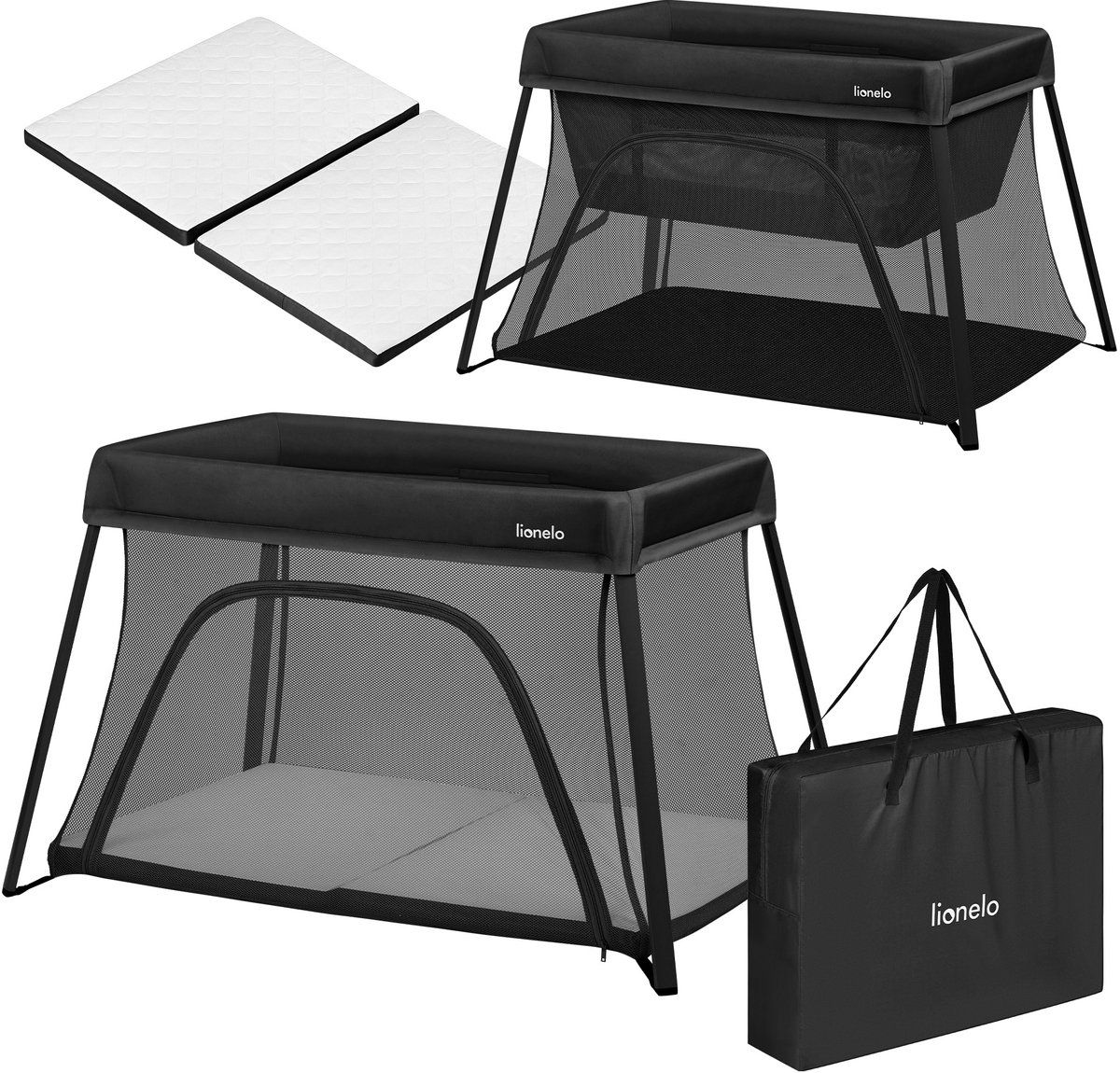 Lionelo Alice - 3 In 1 Babybed - Box En Reisbedje - Matras T25-schuim - Lichtgewicht 5.5 Kg - Compact Opvouwbaar - Inclusief Draagtas - Zwart
