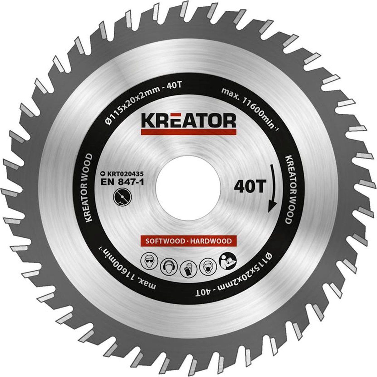 Kreator KRT020435 - Zaagblad Hout -Ø115 Mm - 40 T - Incl. 4 Reductieringen (Ø16 - 15 - 12, 7 - 10 Mm)