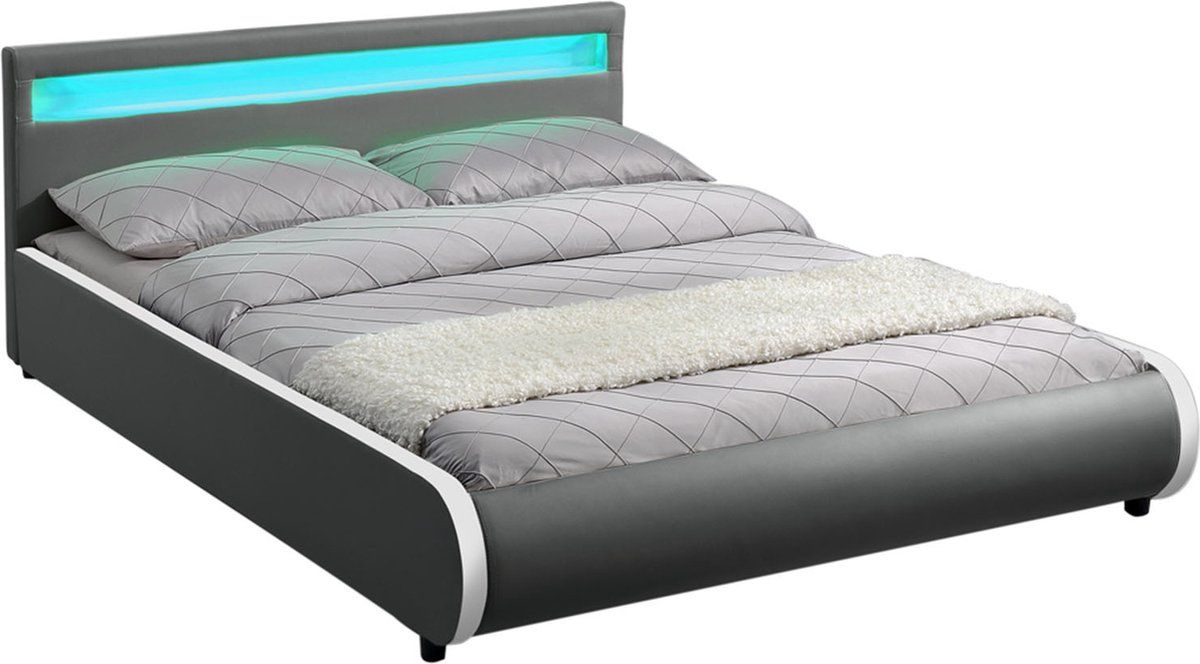 Juskys Sevilla - Gestoffeerd Bed - 140 X 200 Cm - Donkergrijs - Led Verlichting
